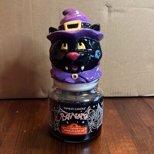Yankee Candle Halloween "Beware" Candle w/ Cat Head Topper Rare and Retired! HTF